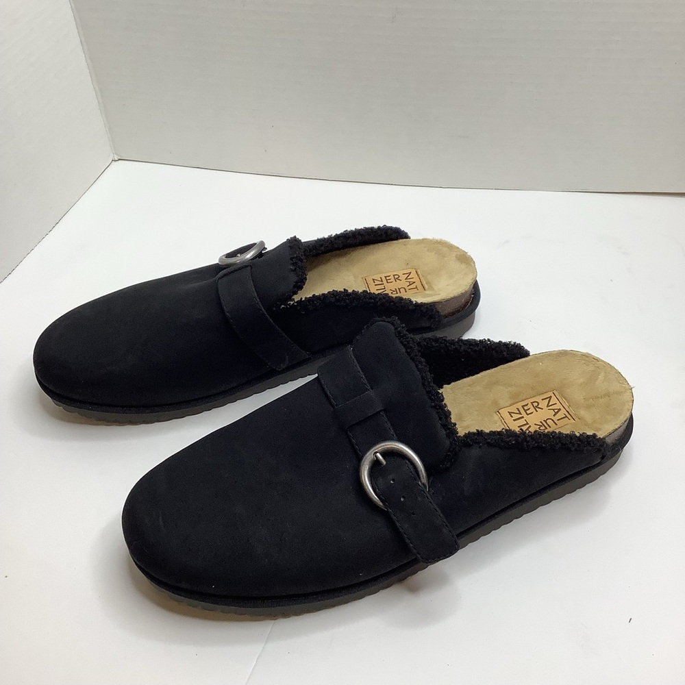 Naturalizer Black Suede Slip-On Clog Mules with Shearling Lining
